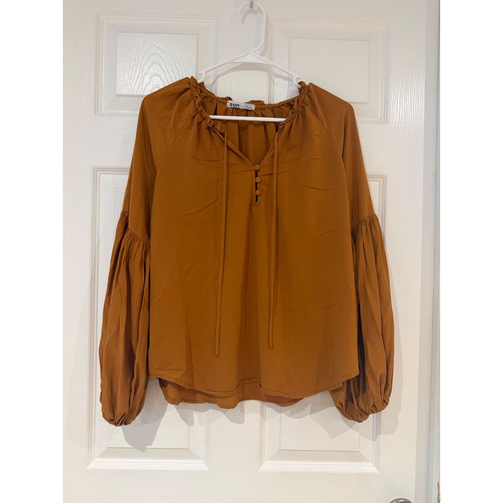 Sun + Shine Women Rust Orange Ruffle Neck Balloon Sleeve Boho Peasant Blouse S